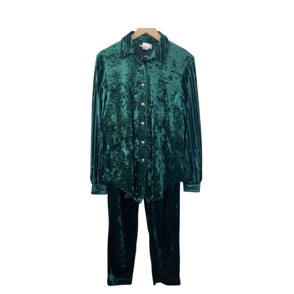 Vintage Stephanie Thomas Sport Women's‎ 10 Crushed Velvet Pant Set Emerald Green